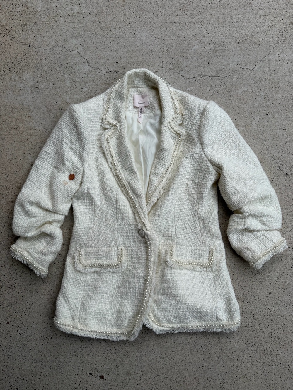Cinq à Sept Khloe Pearl Boucle Blazer Ivory Tweed Ruched Sleeve Size 2